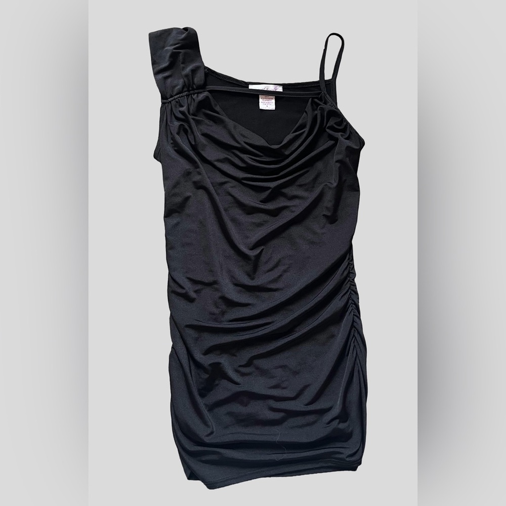 Wet Seal Black Slinky Ruched Asymmetrical Mini Dress Size Small Y2K